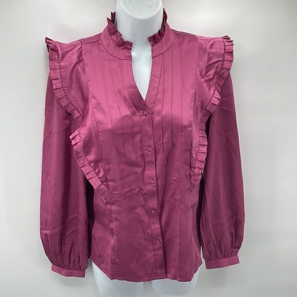 Calligraphie high collar satin Victorian blush pink pleated yoke puff sleeve NEW - Picture 10 of 14